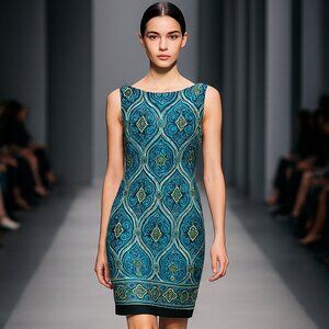 CACHE Sheath Dress, Stretch mesh, shirred panel, sleeveless, size 4, Blue, Green